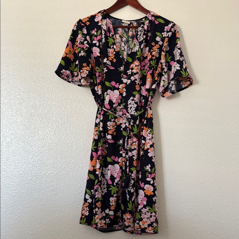 A New Day Pink and Orange Wrap Midi Dress with Crew Neck